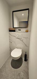 uma casa de banho com um WC branco e um espelho. em Appartement 2 pièces Cosy 20 min à pied de la plage em Fréjus