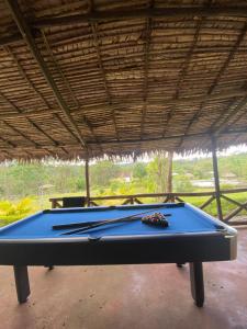 a pool table sitting under a roof at Andasibe Sifaka Lodge in Andasibe