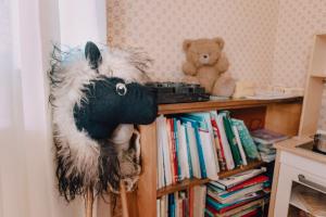 a stuffed animal is hanging on a book shelf at Hasselö Hostel in Hasselö