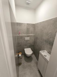 a small bathroom with a toilet and a sink at ApartmanyHurbanova1 in Bardejov