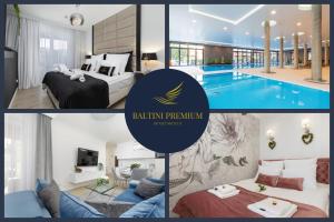 a collage of pictures of a bedroom and a pool at Apartament Baltini Premium Polanki Park in Kołobrzeg