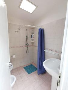 ein Badezimmer mit einem blauen Duschvorhang und einem Waschbecken in der Unterkunft La payara di nonna nina in Tiggiano