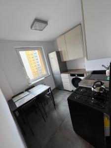 a small kitchen with a stove and a sink at Pokoje Brynów in Katowice