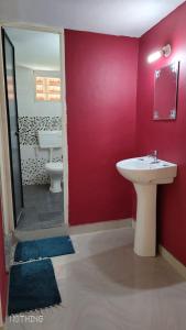Divine Gift Coorg Homestay في Suntikoppa: حمام مع حوض وجدار احمر