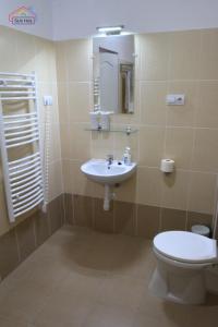 a bathroom with a sink and a toilet at Szín-Ház Apartman in Gyula