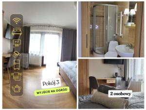 a collage of two pictures of a room with a bathroom at Willa Ewa in Polanica-Zdrój