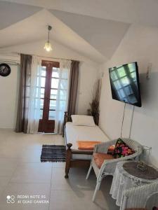 a living room with a bed and a tv at Thea apartments 3 in Platamonas