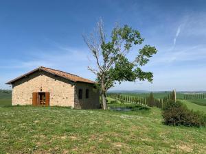 科爾薩諾的住宿－Agriturismo Poggio Repenti，一座有树的山丘上的古老石头建筑
