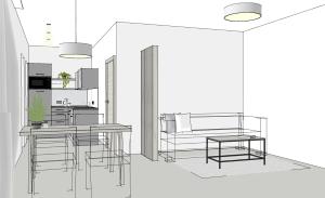 eine Zeichnung eines Wohnzimmers mit Tischen und Stühlen in der Unterkunft Bei Moser - Boutique Apartments Leutasch in Leutasch