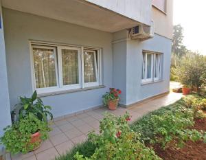 a house with two windows and potted plants on a patio at Ferienwohnung für 4 Personen ca 51 qm in Fažana, Istrien Istrische Riviera in Fažana
