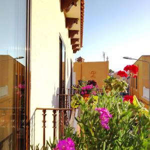 un balcón con flores en un edificio en Casa Rural Jardín del Desierto en Tabernas