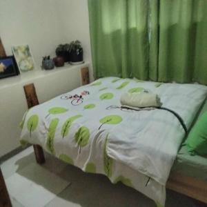 a bed in a room with a green curtain at Couple's Unit at BOONE'S in Sagada