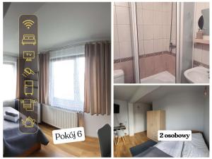 two pictures of a room with a bathroom and a bedroom at Willa Ewa in Polanica-Zdrój