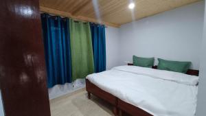 1 dormitorio con 1 cama con cortinas azules y verdes en Shiv Shakti B & B, en Shimla