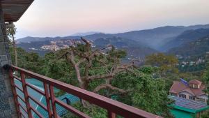 a tree on a balcony with a view of mountains at Shiv Shakti B & B in Shimla