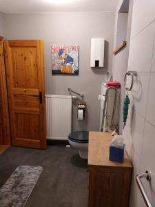 a bathroom with a toilet and a wooden door at Kuckucksnest - Ferienwohnung Welschneudorf in Welschneudorf