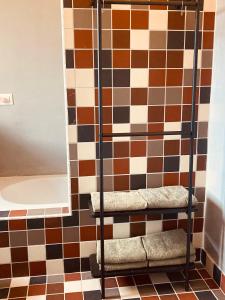 y baño con pared de azulejos y ducha. en Domu in su satu, en Masainas
