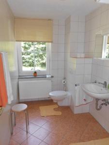 baño con aseo y lavabo y ventana en Ferienwohnung für 4 Personen ca 37 qm in Sayda, Sachsen Osterzgebirge - a83556 en Sayda