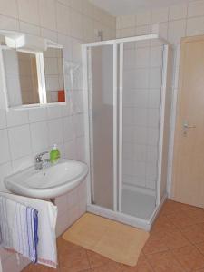 y baño con ducha y lavamanos. en Ferienwohnung für 4 Personen ca 37 qm in Sayda, Sachsen Osterzgebirge - a83556 en Sayda