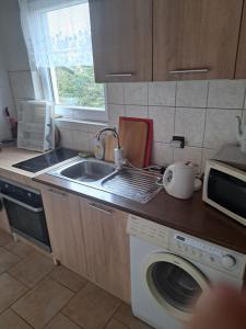 a kitchen with a sink and a washing machine at Domek u rybníka in Schloss Bösig