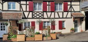 Scharrachbergheim IrmstettにあるLe Repaire des Hirondellesの赤い襖と木箱の植物がある建物