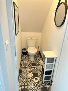 a small bathroom with a toilet and a mirror at Chambres 24h du Mans in Mulsanne