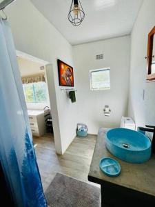 a bathroom with a large blue sink on a counter at Charming Cottage in the wilderness on 5 Acres in Lusaka