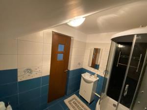 ein Bad mit einem WC, einem Waschbecken und einer Dusche in der Unterkunft Pensiunea Casa Andrei in Bîrsana
