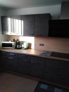 cocina con encimera y microondas en Ferienwohnung für 5 Personen ca 80 qm in Regen, Bayern Bayerischer Wald, en Regen