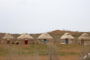 a group of hay huts in a field at Yurt Stay Family Khansar in Nurota