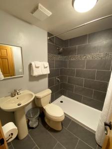 a bathroom with a toilet and a sink and a tub at Corral Hideaway Steps from Downtown in Breckenridge