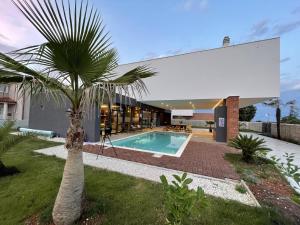 eine Palme vor einem Haus mit Pool in der Unterkunft Ferienhaus für 8 Personen ca 250 qm in Ližnjan, Istrien Südküste von Istrien in Ližnjan