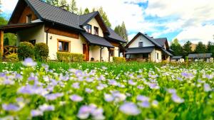 a field of flowers in front of a house at Chaty Gajowego in Bukowiec