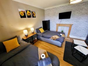 a living room with a couch and a tv at Stay Sleep Rest - Santuary in Hull