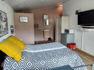 a bedroom with a bed and a flat screen tv at L'évidence St André in Le Patelin