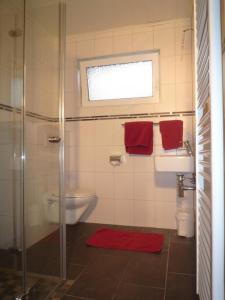 ein Bad mit einer Dusche, einem WC und roten Handtüchern in der Unterkunft Ferienwohnung für 2 Personen ca 32 m in Würzburg, Bayern Franken in Würzburg