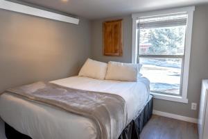 ein kleines Schlafzimmer mit einem Bett und einem Fenster in der Unterkunft 2BR Riverside Chalet Near Trails in Breckenridge