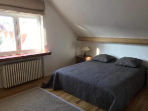 una camera da letto con un letto e una finestra di Knokke - Ein-Zimmer-Wohnung in der Nähe von Stränden a Knokke-Heist