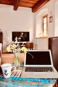 einen Laptop auf einem Tisch im Wohnzimmer in der Unterkunft Ferienwohnung für 3 Personen ca 55 m in Görlitz, Lausitz Lausitzer Seenland in Görlitz