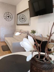 una sala de estar con sofá y una flor en un jarrón en Holiday&Suite Klanac, en Vir