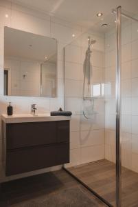 a bathroom with a sink and a shower at B&B Landelijke Rust in Lutjewinkel