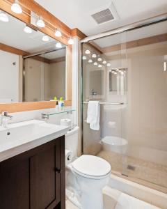 a bathroom with a toilet and a sink and a shower at Bright 2BDR Next to NorthStar - 5min Walk! in Truckee