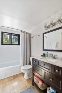a bathroom with a sink and a toilet and a mirror at 3BR Mountain Cabin-Near Beach & Slopes in Homewood