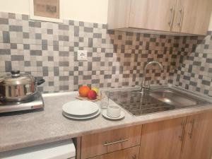 a kitchen with a sink and a counter top with plates at Nikos Apartments 1 in Kavos