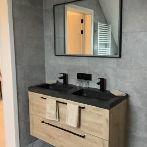 a bathroom with a black sink and a mirror at B&B Schaliëndak in Kortenberg