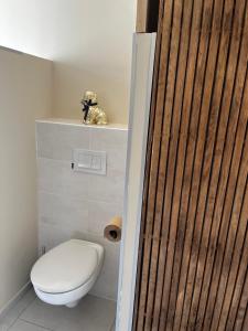 een badkamer met een toilet en een houten deur bij Le capèu in Mollégès