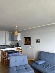 a living room with a blue couch and a kitchen at Strandhotel Wohnung 48 in Dahme