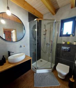 a bathroom with a shower and a sink at Domek Kaszubski Chill 1 in Łąkie