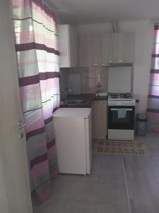 een kleine keuken met een fornuis en een wastafel bij Apartment Hristef in Ljubaništa