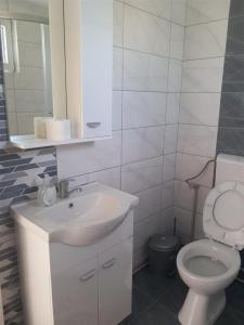 een witte badkamer met een wastafel en een toilet bij Apartment Hristef in Ljubaništa